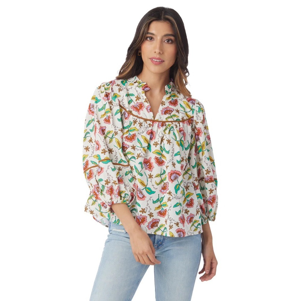 Crosby by Mollie Burch Floral Print Boho Ruffle Neck‎ Blouse Size Large